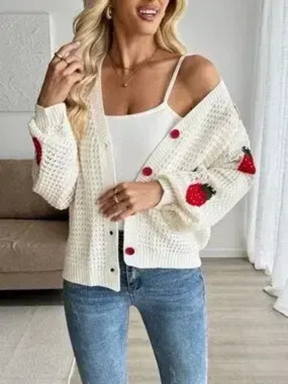 Strawberry Pattern V-Neck Button-Up Cardigan - Picture 5 of 9